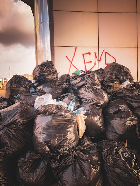 A pile of black rubbish bags, some with visible creases and shiny textures, stacked in front of a red metal door that is covered in graffiti tags and stickers. The door features a white sign stating 'NO MONEY' and a smaller notice indicating 'Keep clear,' with faded paint and graffiti overlapping these signs. Adjacent to the bags, an assortment of discarded items including cardboard boxes, a piece of foam, and a wooden plank with nails partially sticking out is visible, suggesting an informal waste collection or clearance scene. The scene is set against a rough, off-white exterior wall, with some small patches of greenery at the base of the wall, indicating an urban environment. The overall atmosphere is observational, highlighting a typical instance of rubbish that might be associated with private waste removal services such as those offered by Rubbish Clearance Chelsea, illustrating an alternative approach to waste management outside of local authority collection. Natural lighting casts minimal shadows, emphasizing the textures and details of the refuse and the door's surface.
